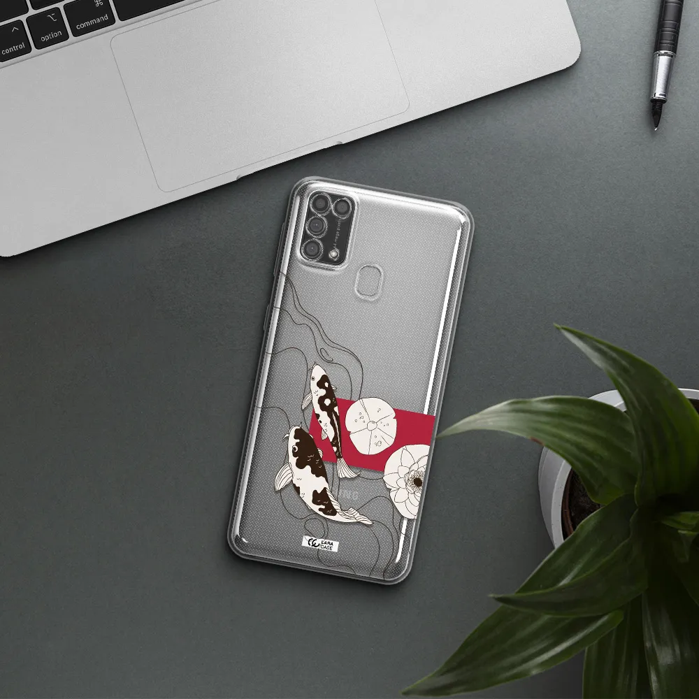 a black and white illustration of fish and flowers Samsung M31 Clear TPU Case