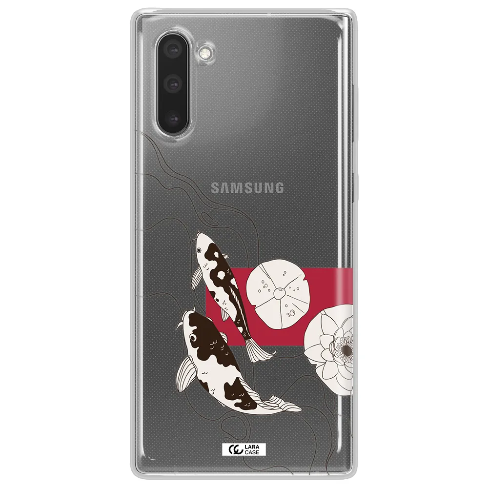 a black and white illustration of fish and flowers Samsung Note 10 Clear TPU Case