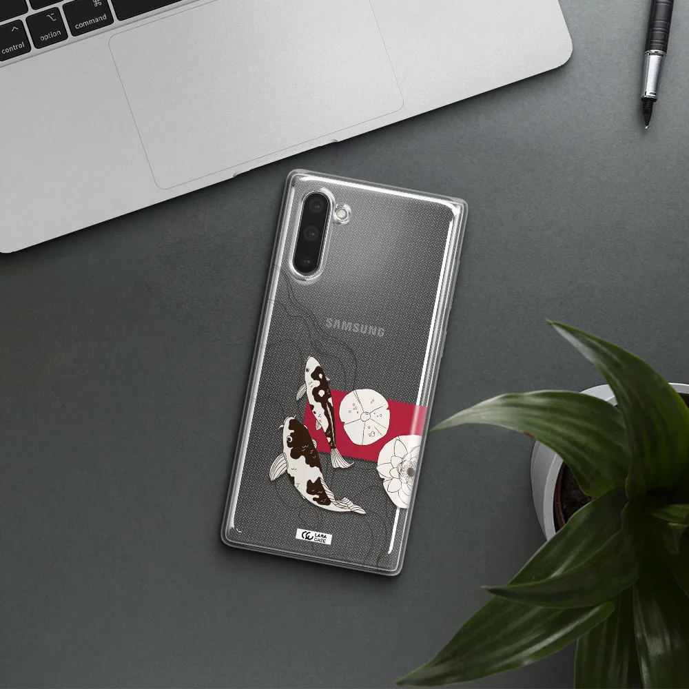 a black and white illustration of fish and flowers Samsung Note 10 Clear TPU Case