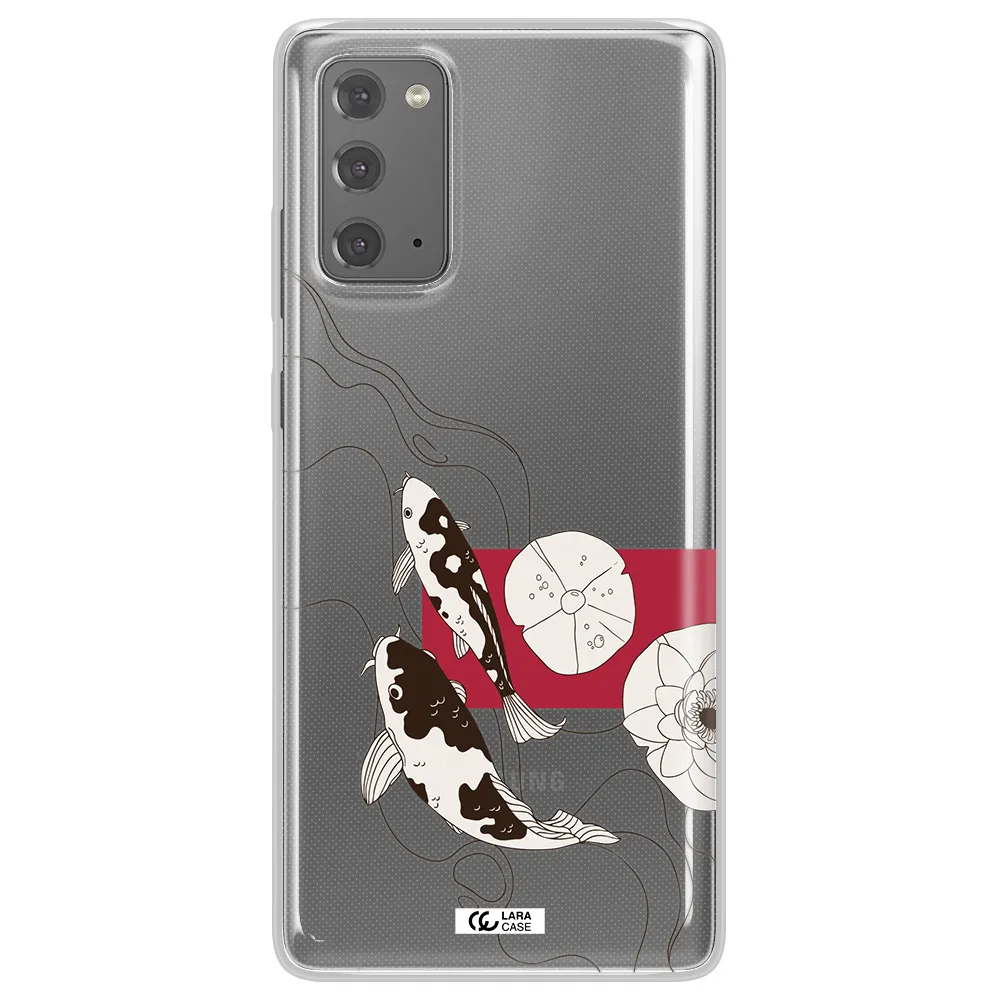 a black and white illustration of fish and flowers Samsung Note 20 Clear TPU Case