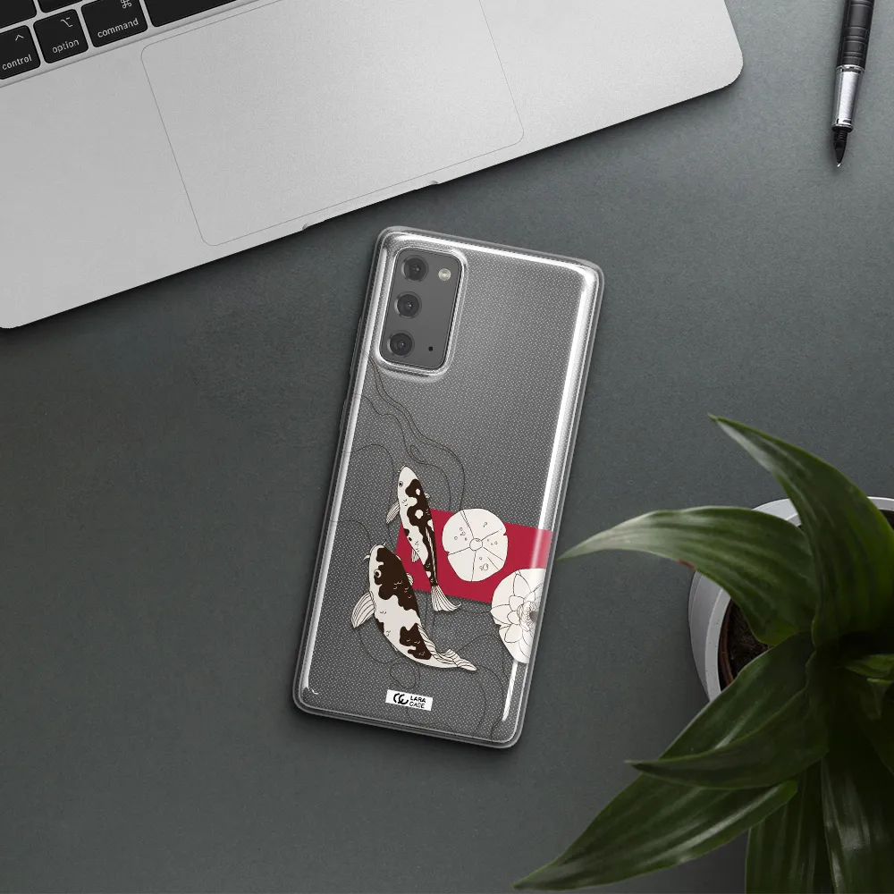 a black and white illustration of fish and flowers Samsung Note 20 Clear TPU Case