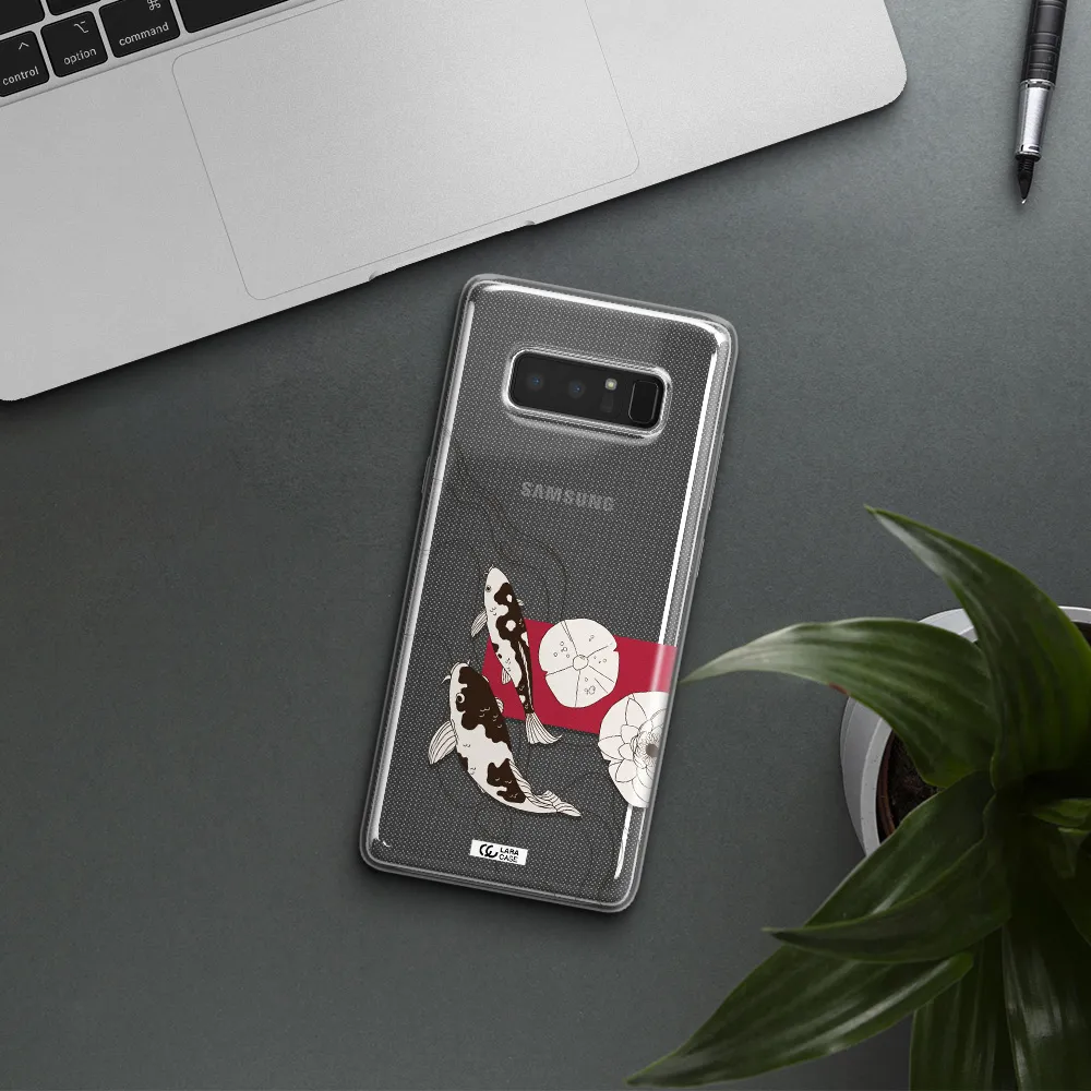 a black and white illustration of fish and flowers Samsung Note 8 Clear TPU Case
