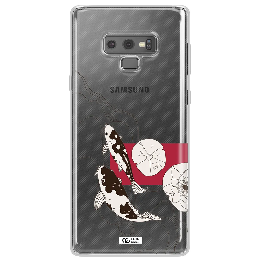 a black and white illustration of fish and flowers Samsung Note 9 Clear TPU Case