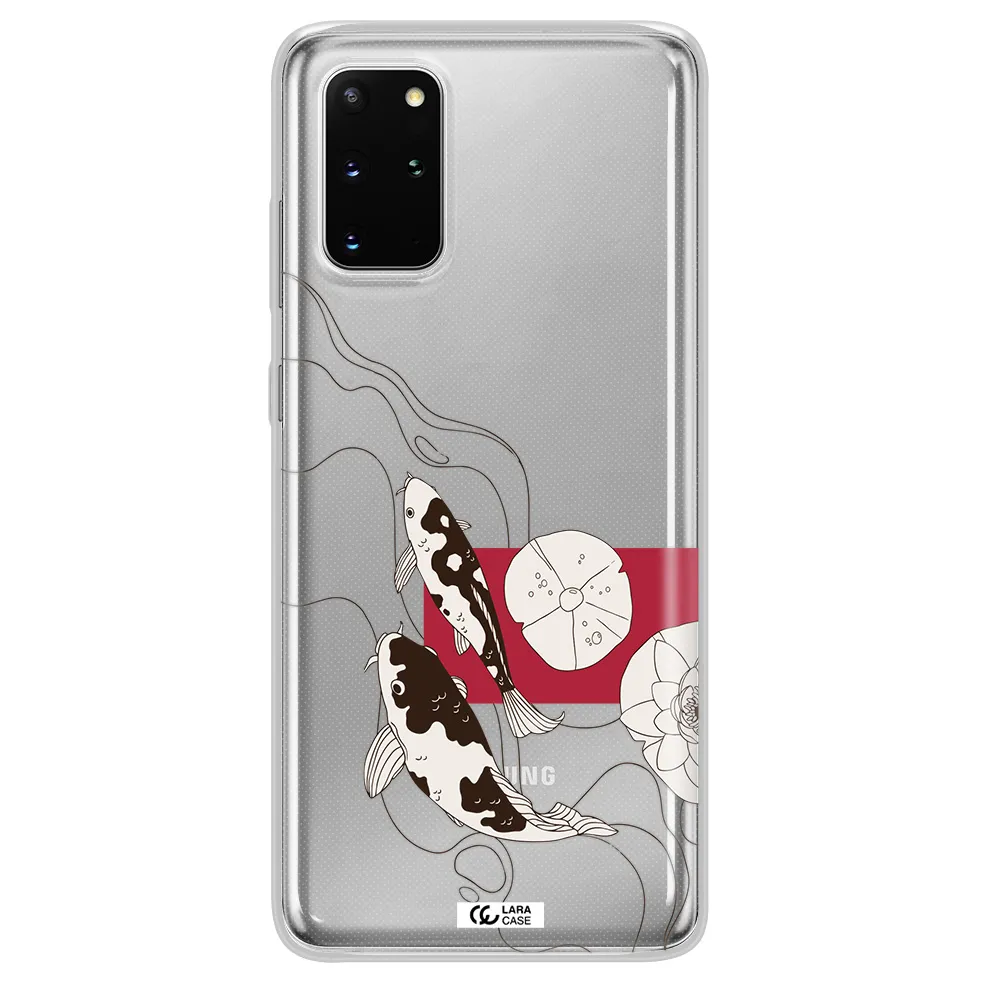 a black and white illustration of fish and flowers Samsung S 20 Plus Clear TPU Case