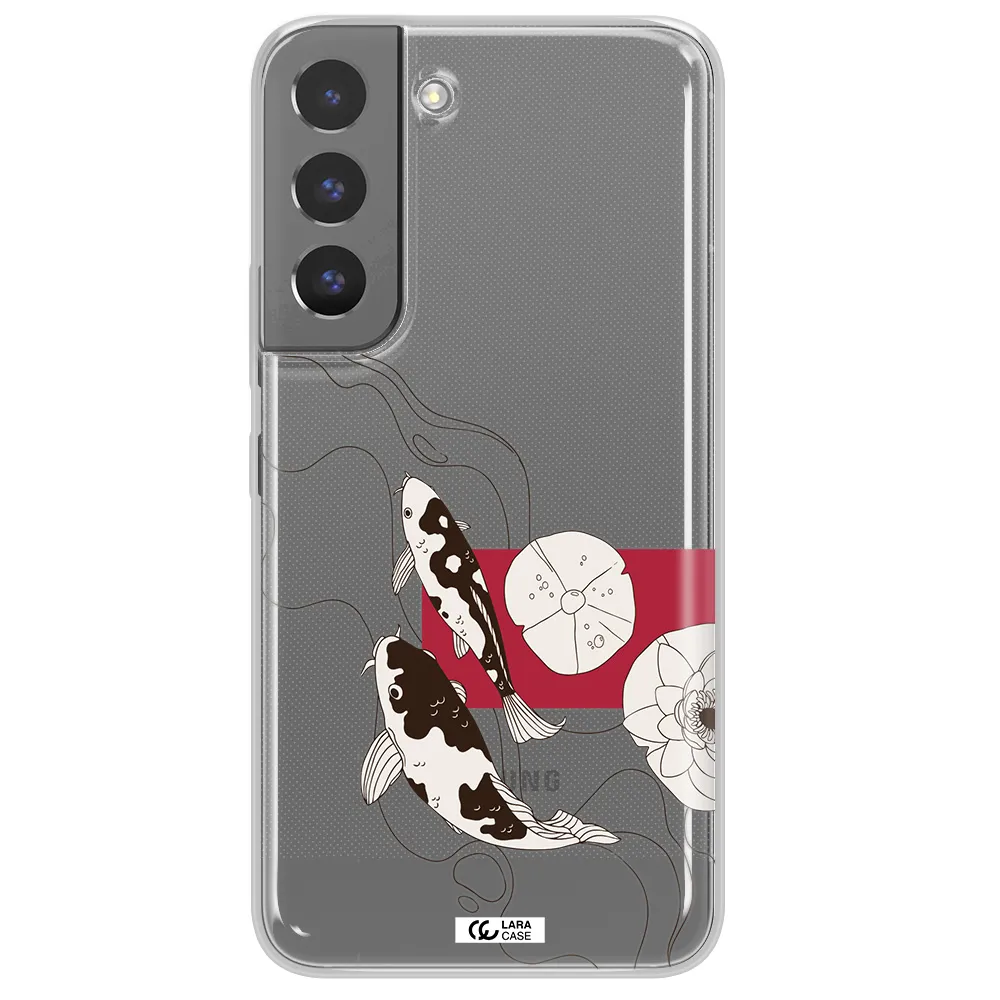a black and white illustration of fish and flowers Samsung S 22 Plus Clear TPU Case