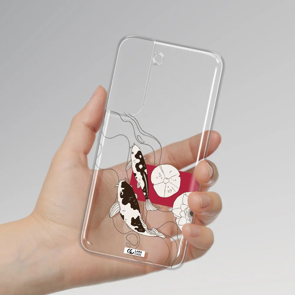 a black and white illustration of fish and flowers Samsung S 22 Plus Clear TPU Case