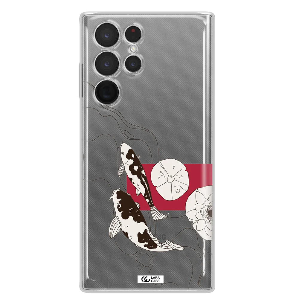 a black and white illustration of fish and flowers Samsung S 22 Ultra Clear TPU Case