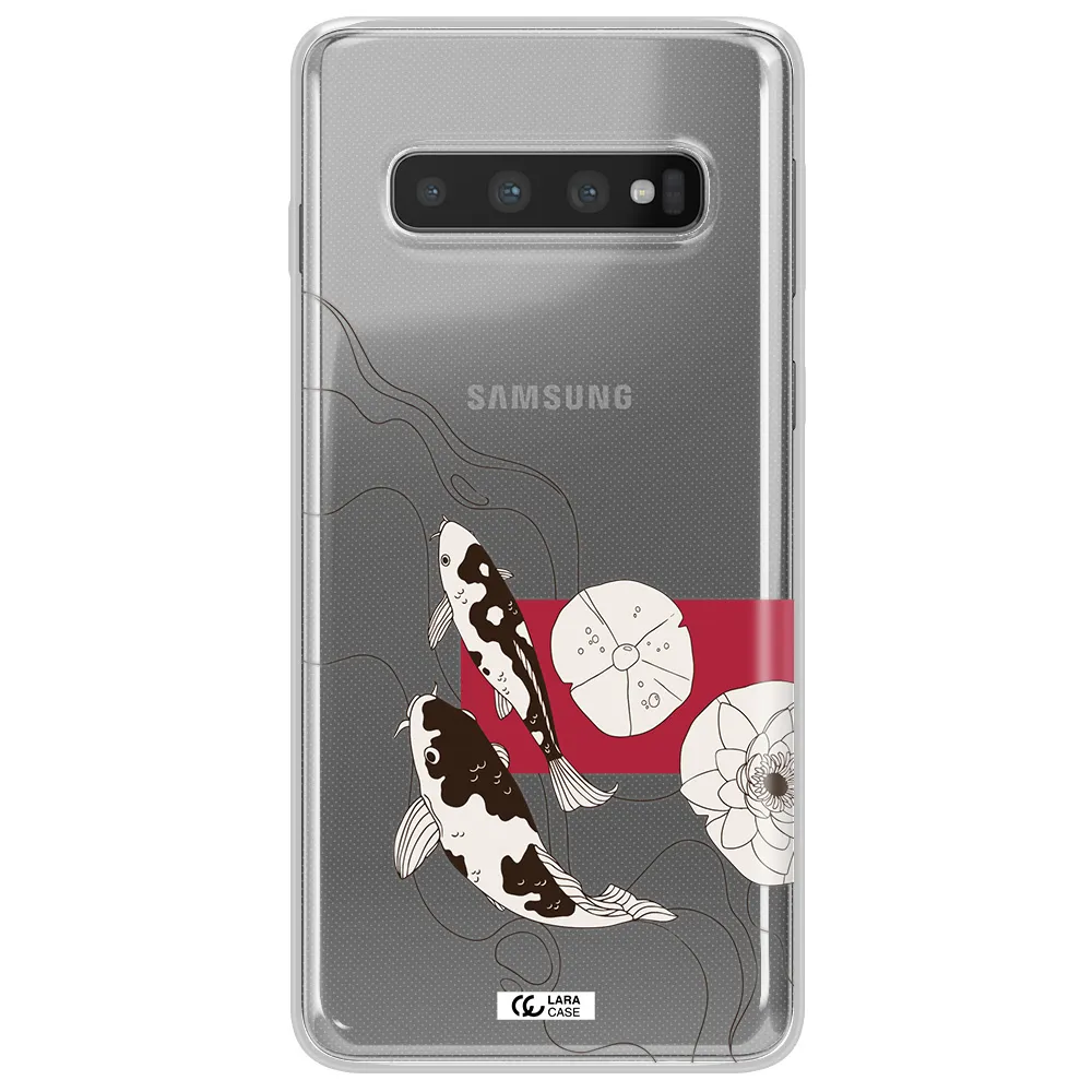 a black and white illustration of fish and flowers Samsung S10 Clear TPU Case