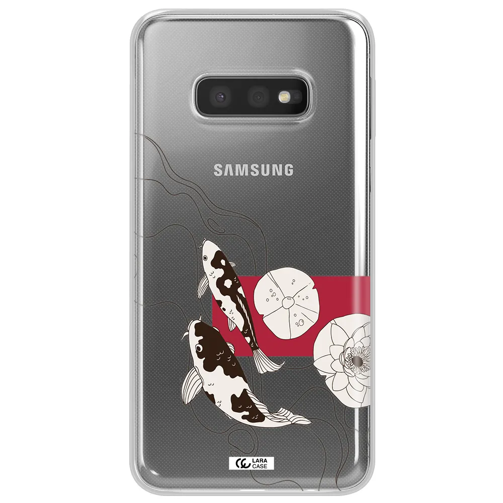 a black and white illustration of fish and flowers Samsung S10e Clear TPU Case