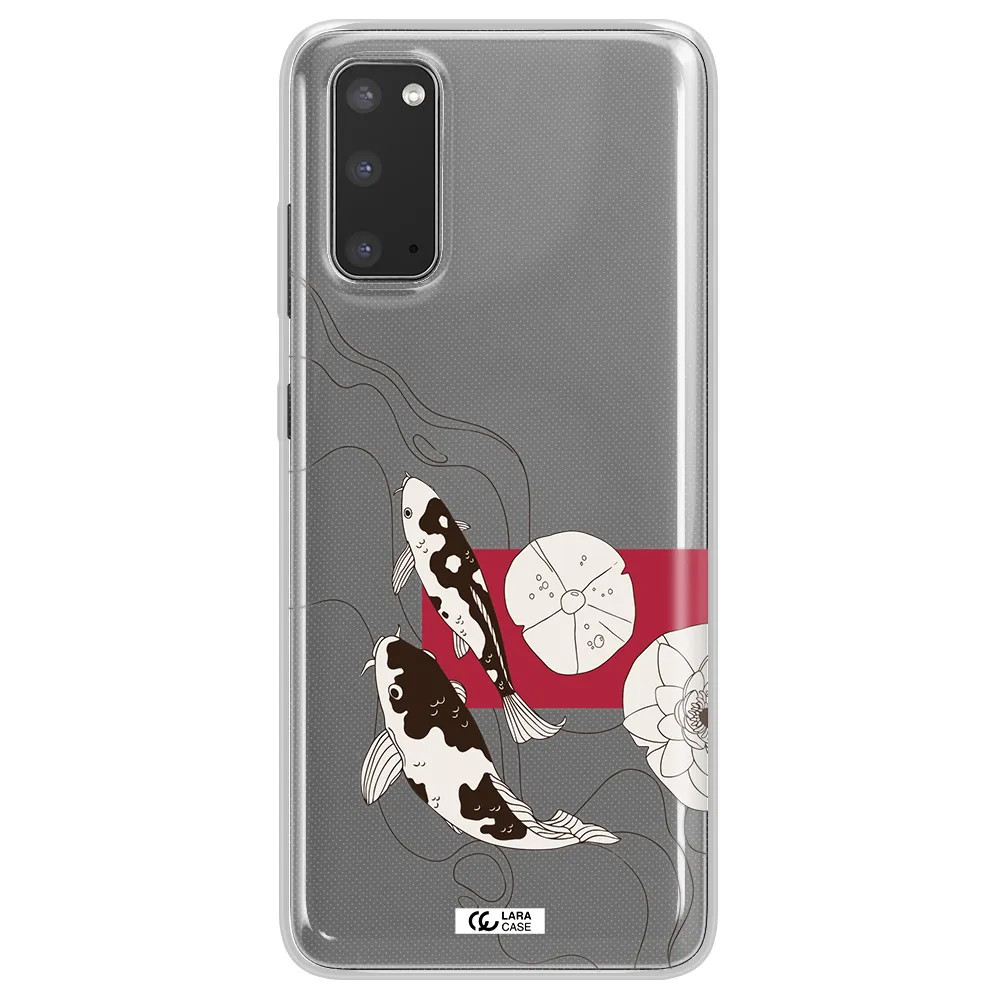 a black and white illustration of fish and flowers Samsung S20 Clear TPU Case