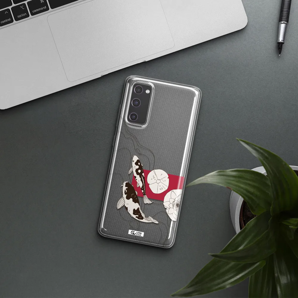 a black and white illustration of fish and flowers Samsung S20 Fe Clear TPU Case