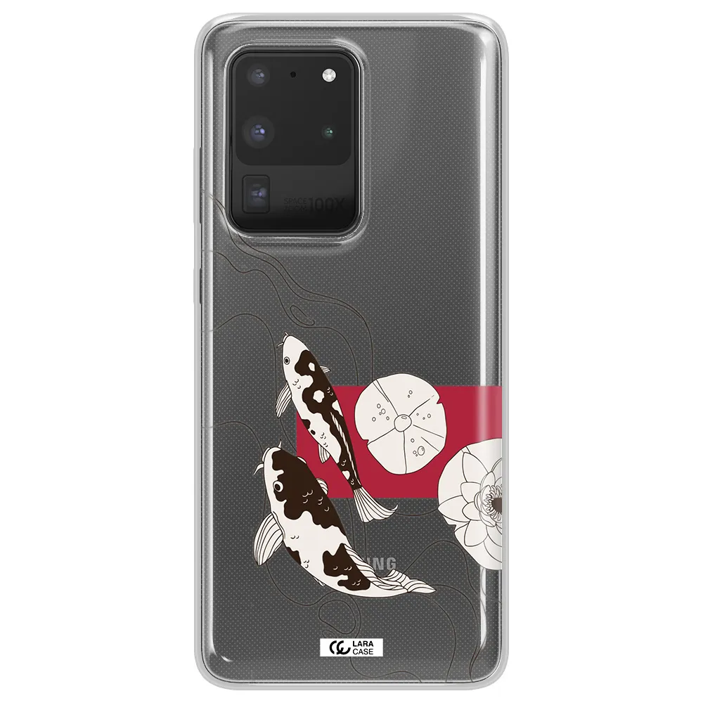 a black and white illustration of fish and flowers Samsung S20 Ultra Clear TPU Case