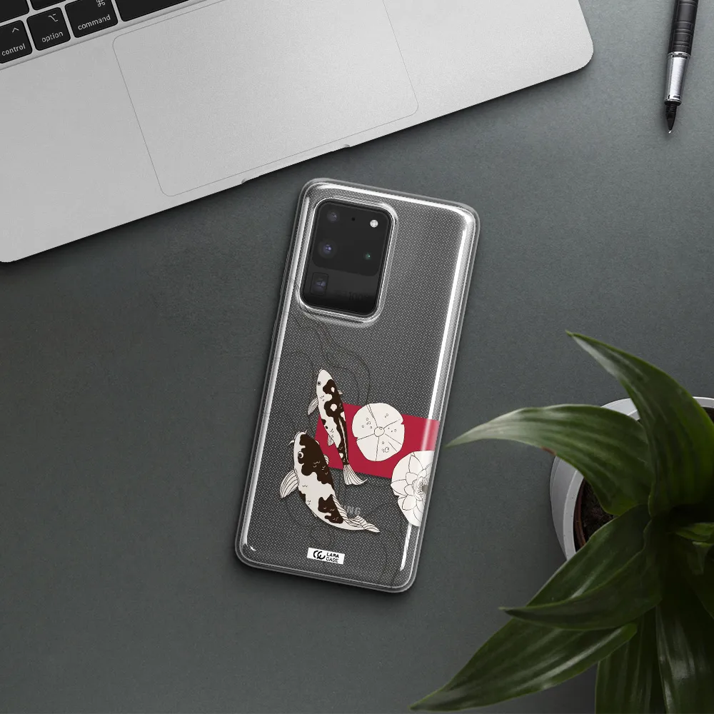 a black and white illustration of fish and flowers Samsung S20 Ultra Clear TPU Case