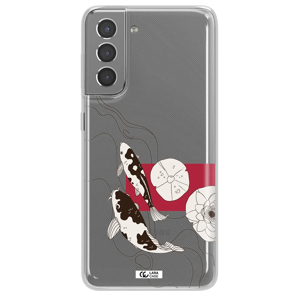 a black and white illustration of fish and flowers Samsung S21 Clear TPU Case