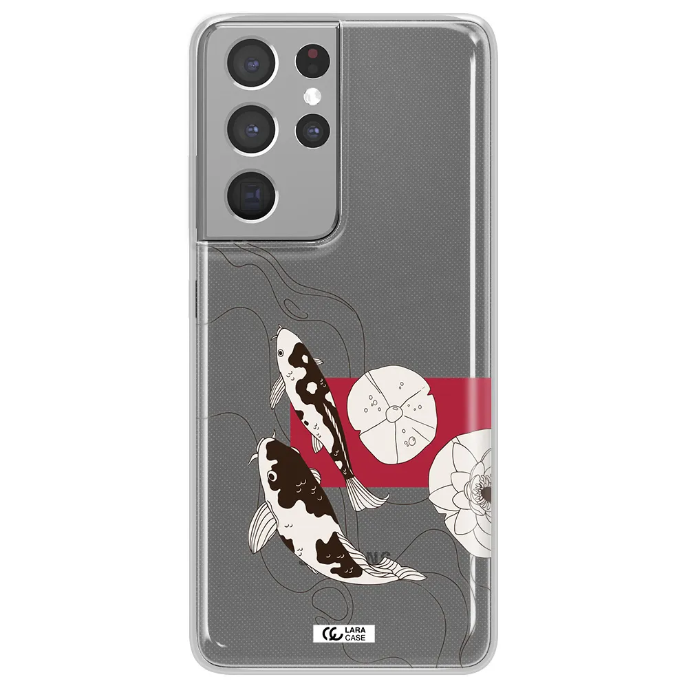 a black and white illustration of fish and flowers Samsung S21 Ultra Clear TPU Case