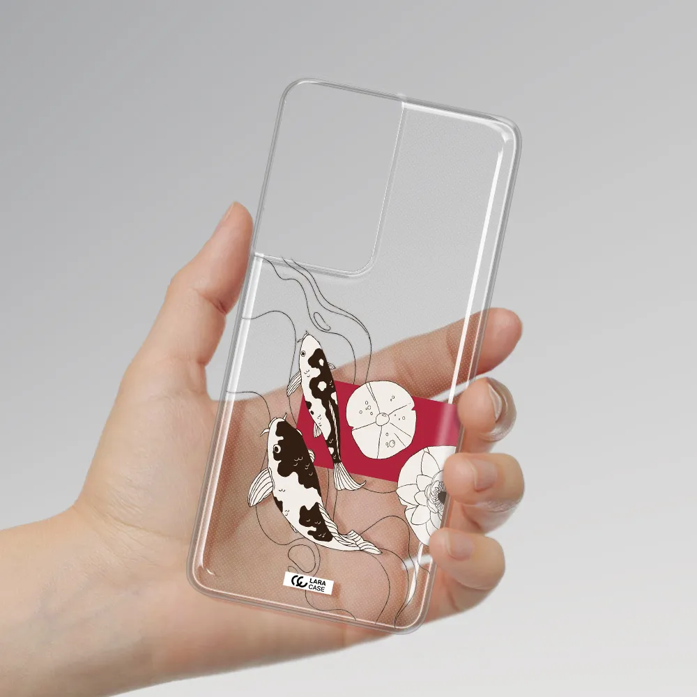 a black and white illustration of fish and flowers Samsung S21 Ultra Clear TPU Case