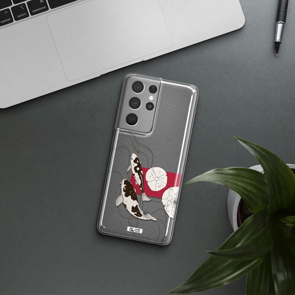 a black and white illustration of fish and flowers Samsung S21 Ultra Clear TPU Case