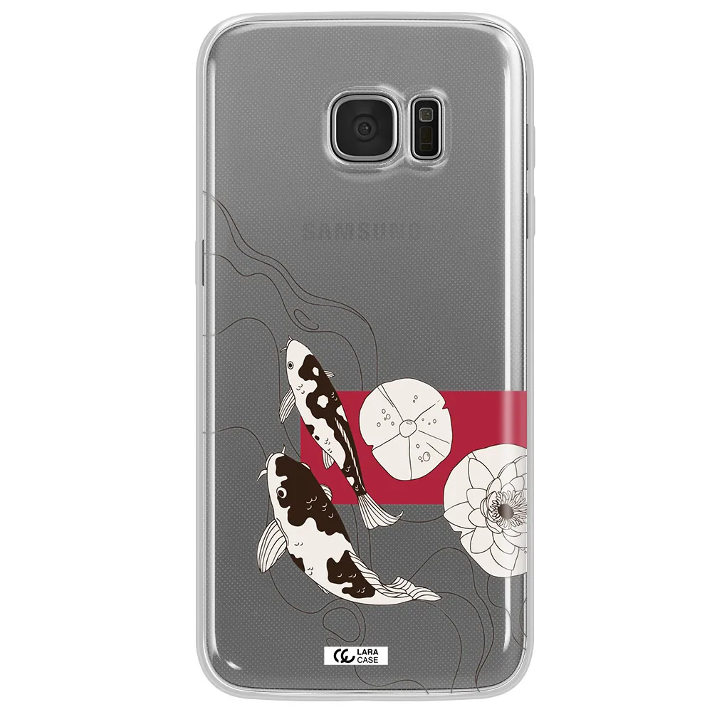 a black and white illustration of fish and flowers Samsung S7 Edge Clear TPU Case