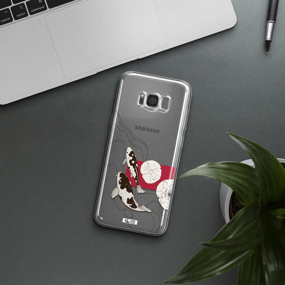 a black and white illustration of fish and flowers Samsung S8 Plus Clear TPU Case