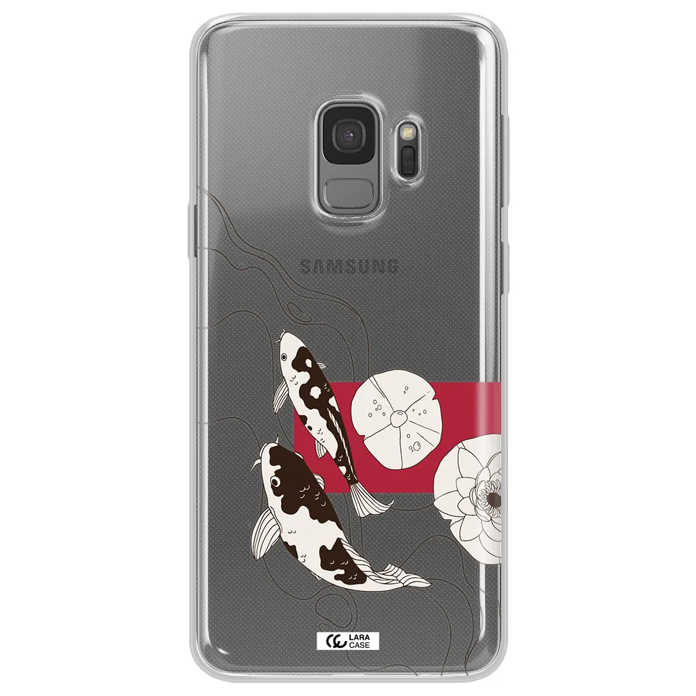 a black and white illustration of fish and flowers Samsung S9 Clear TPU Case