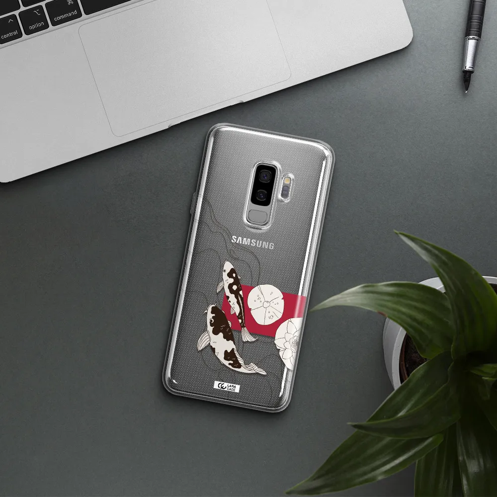 a black and white illustration of fish and flowers Samsung S9 Plus Clear TPU Case
