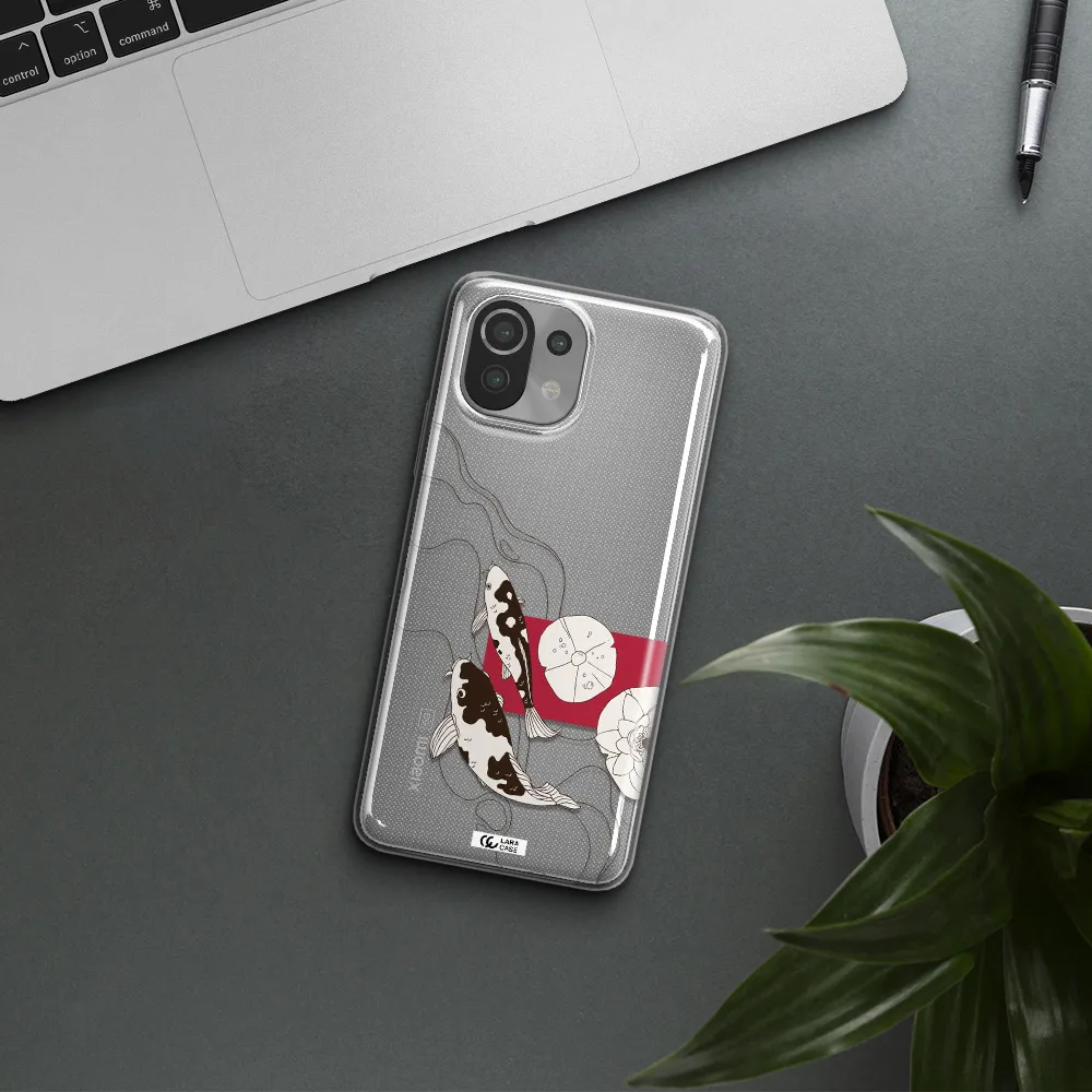 a black and white illustration of fish and flowers Xiaomi Mi 11 Lite Clear TPU Case