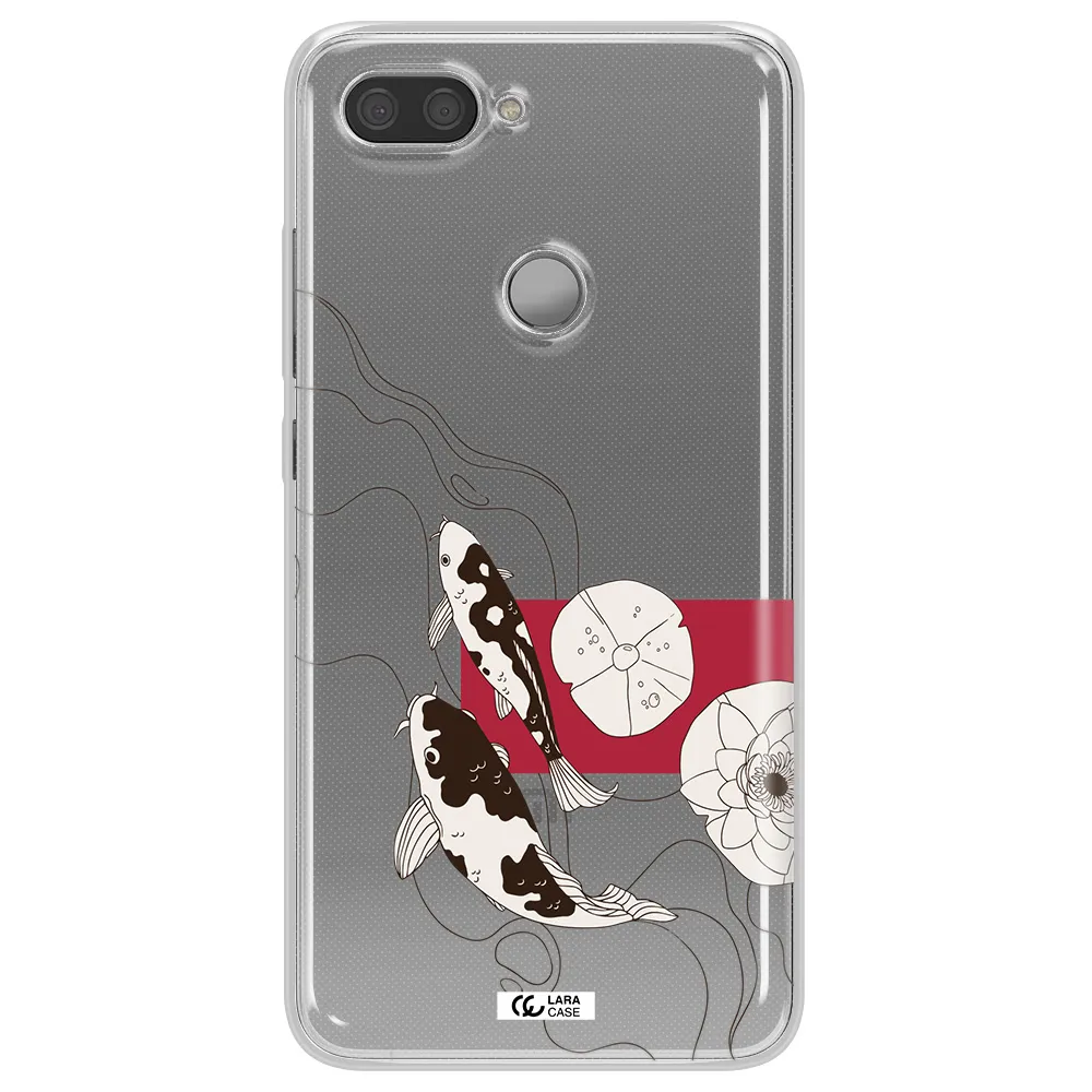 a black and white illustration of fish and flowers Xiaomi Mi 8 Lite Clear TPU Case