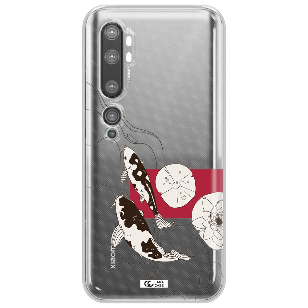 a black and white illustration of fish and flowers Xiaomi Mi Note 10 Clear TPU Case