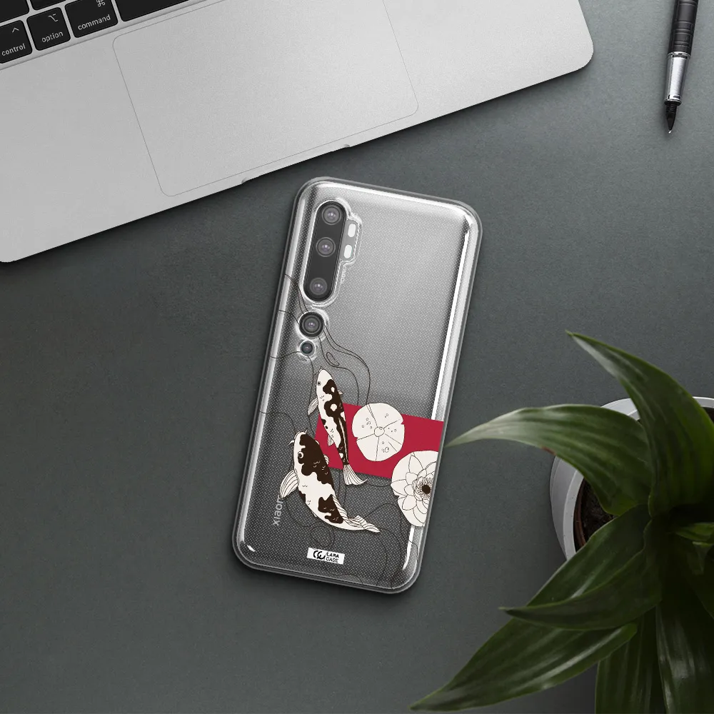 a black and white illustration of fish and flowers Xiaomi Mi Note 10 Clear TPU Case