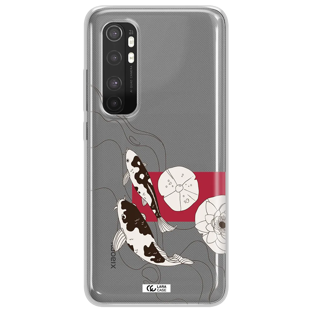 a black and white illustration of fish and flowers Xiaomi Mi Note 10 Lite Clear TPU Case