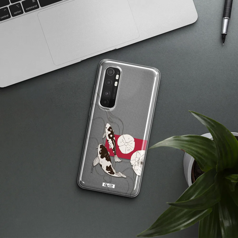 a black and white illustration of fish and flowers Xiaomi Mi Note 10 Lite Clear TPU Case