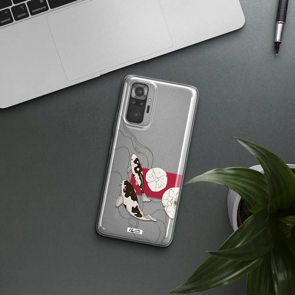 a black and white illustration of fish and flowers Xiaomi Note 10 Pro Clear TPU Case
