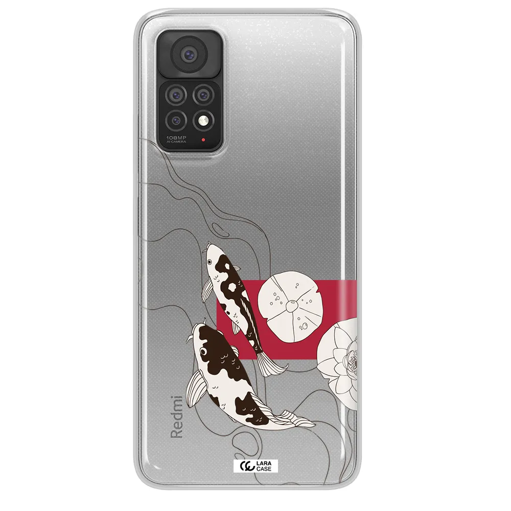 a black and white illustration of fish and flowers Xiaomi Note 11 Pro Clear TPU Case