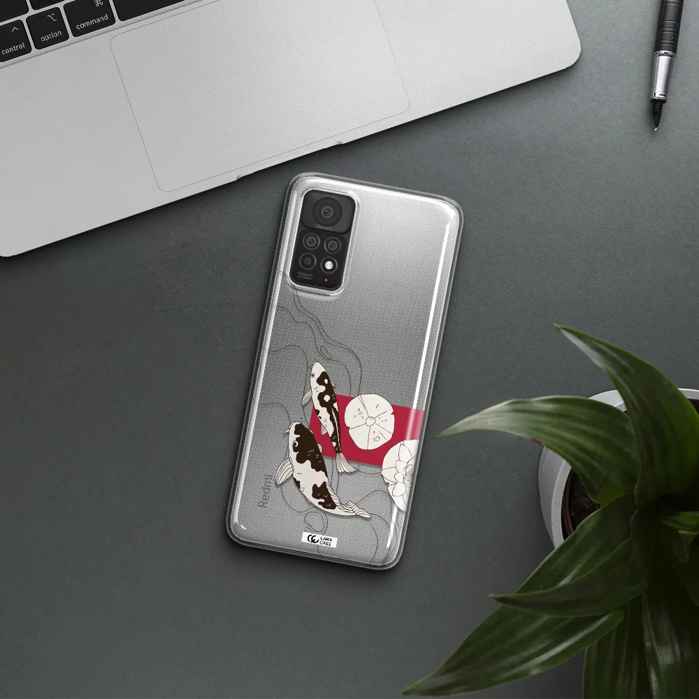 a black and white illustration of fish and flowers Xiaomi Note 11 Pro Clear TPU Case