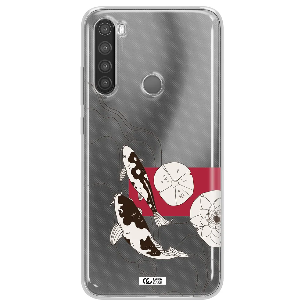 a black and white illustration of fish and flowers Xiaomi Note 8 Clear TPU Case