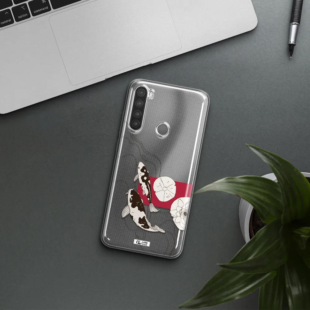 a black and white illustration of fish and flowers Xiaomi Note 8 Clear TPU Case