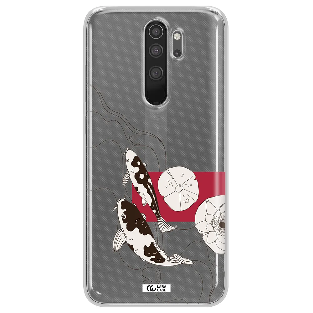a black and white illustration of fish and flowers Xiaomi Note 8 Pro Clear TPU Case
