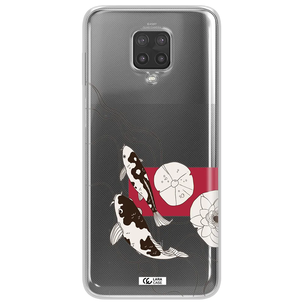 a black and white illustration of fish and flowers Xiaomi Note 9 Pro Clear TPU Case