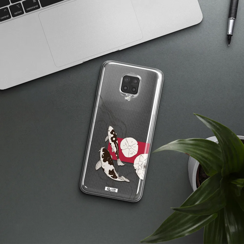a black and white illustration of fish and flowers Xiaomi Note 9 Pro Clear TPU Case