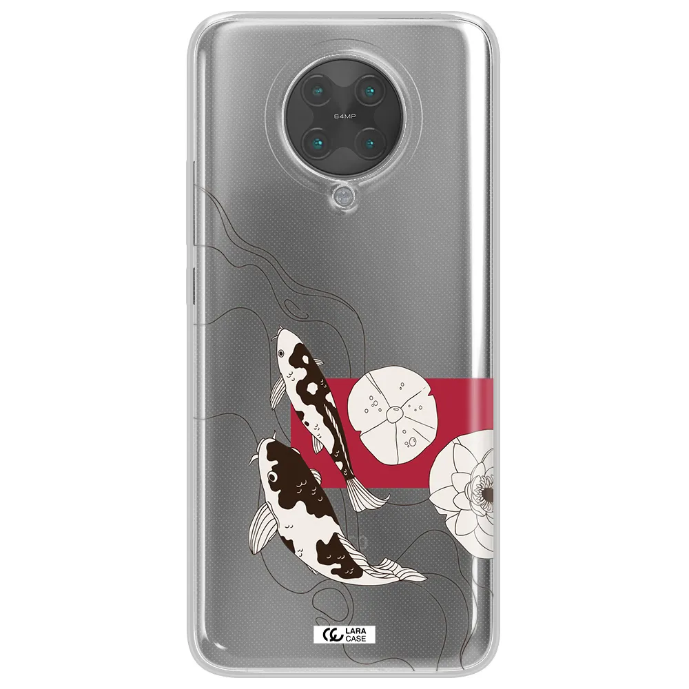 a black and white illustration of fish and flowers Xiaomi Poco F2 Pro Clear TPU Case