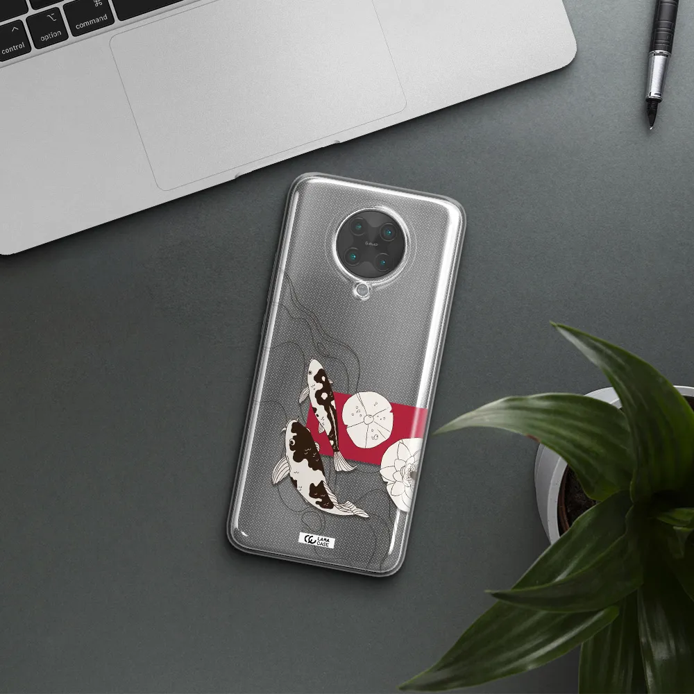 a black and white illustration of fish and flowers Xiaomi Poco F2 Pro Clear TPU Case