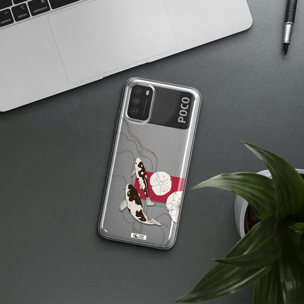 a black and white illustration of fish and flowers Xiaomi Poco M3 Clear TPU Case