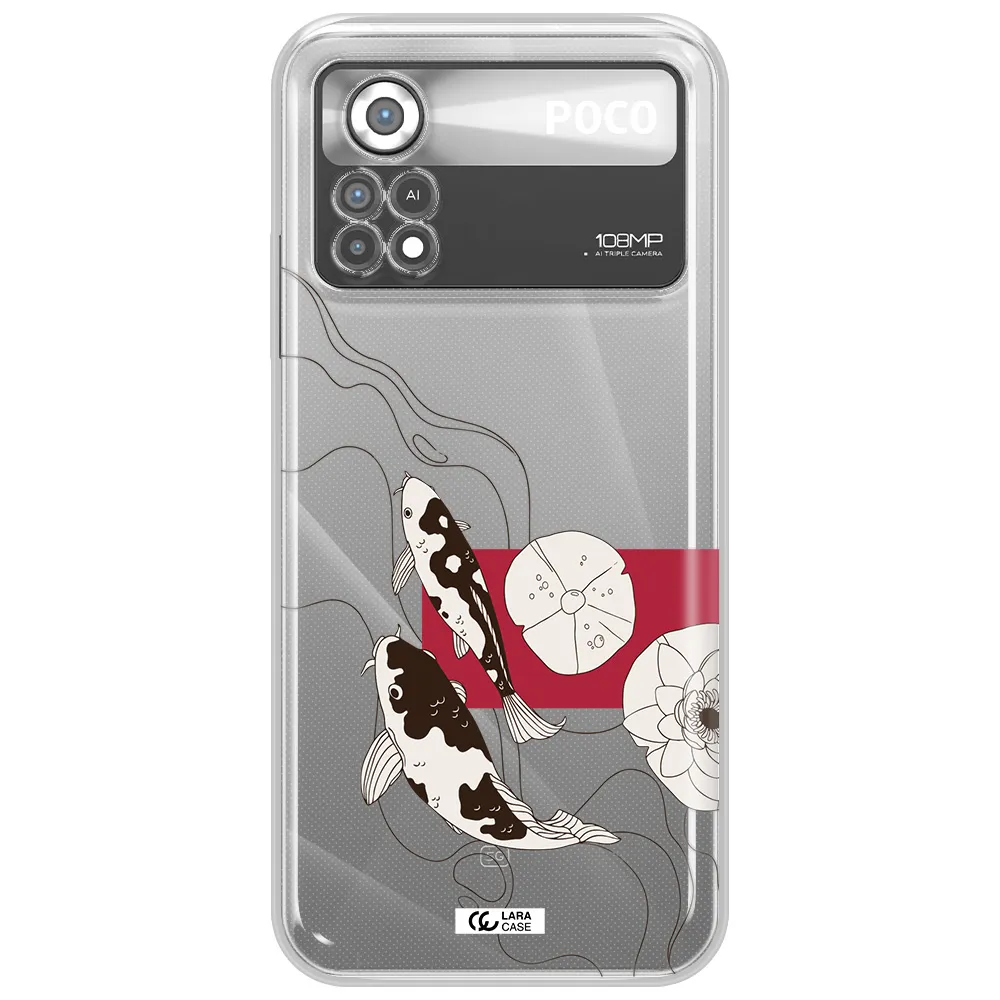 a black and white illustration of fish and flowers Xiaomi Poco X4 Pro Clear TPU Case