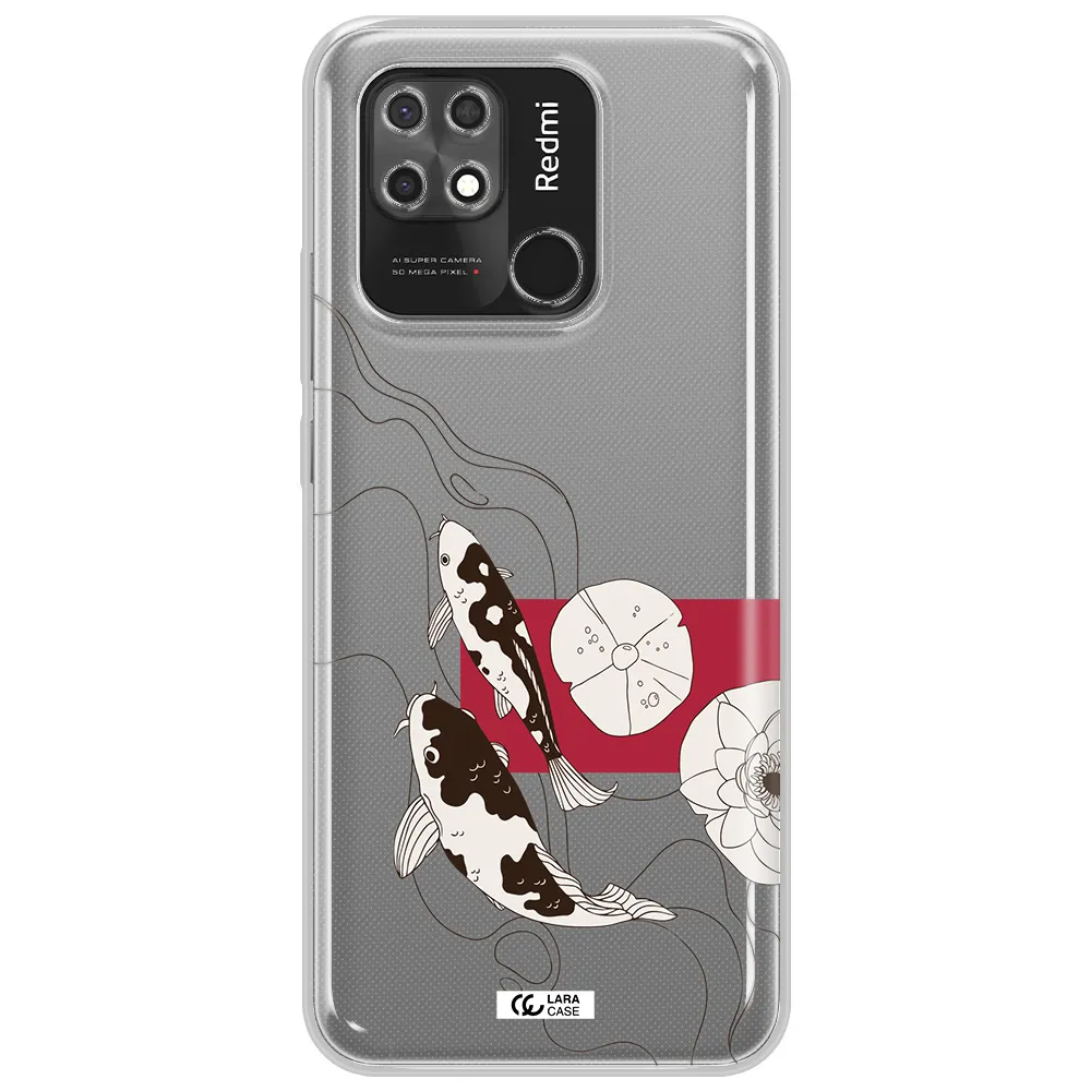 a black and white illustration of fish and flowers Xiaomi Redmi 10C Clear TPU Case
