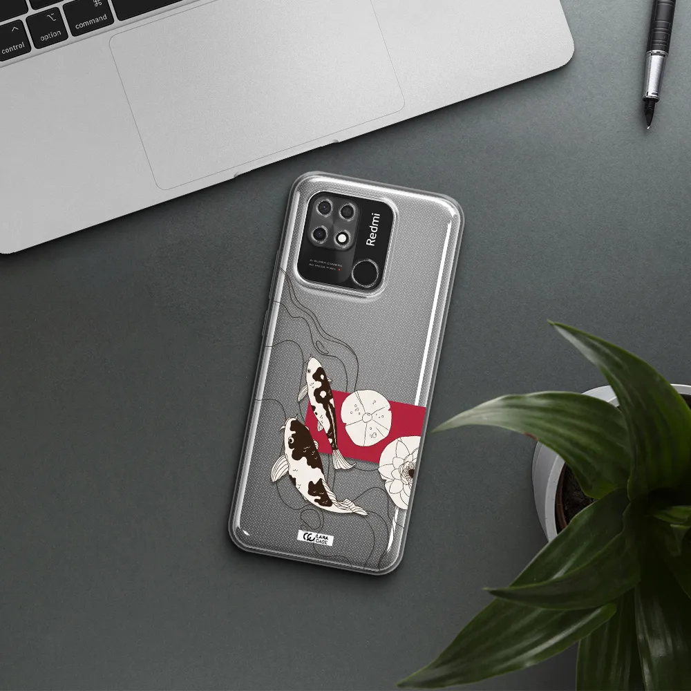 a black and white illustration of fish and flowers Xiaomi Redmi 10C Clear TPU Case