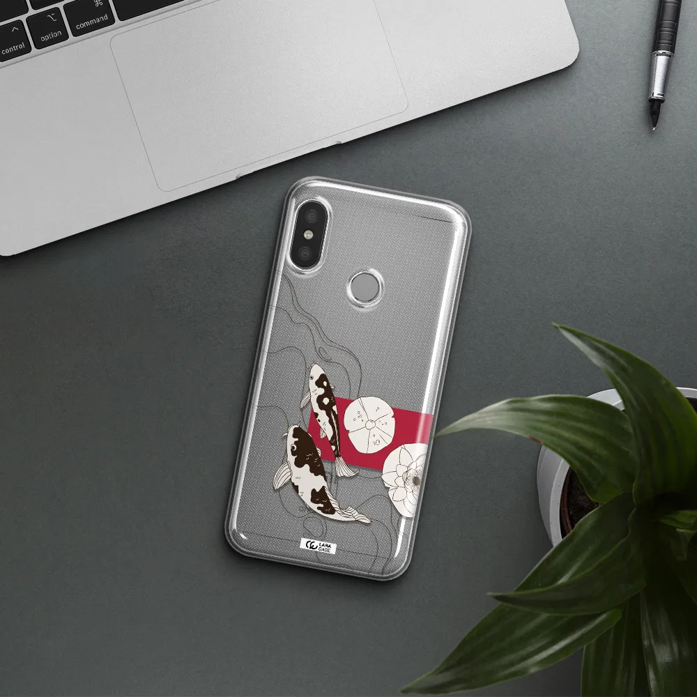 a black and white illustration of fish and flowers Xiaomi Redmi 6 Pro Clear TPU Case
