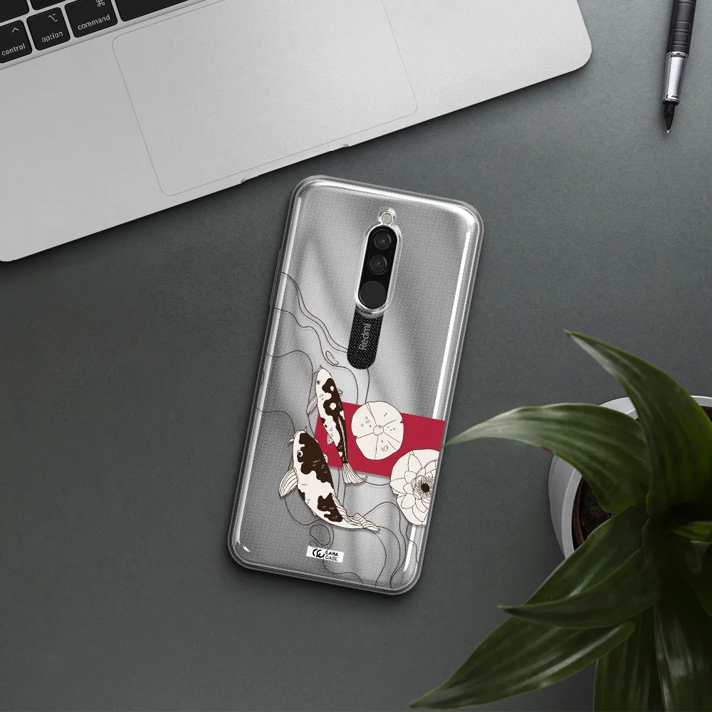 A Black And White Illustration Of Fish And Flowers Xiaomi Redmi 8 Clear Tpu Case