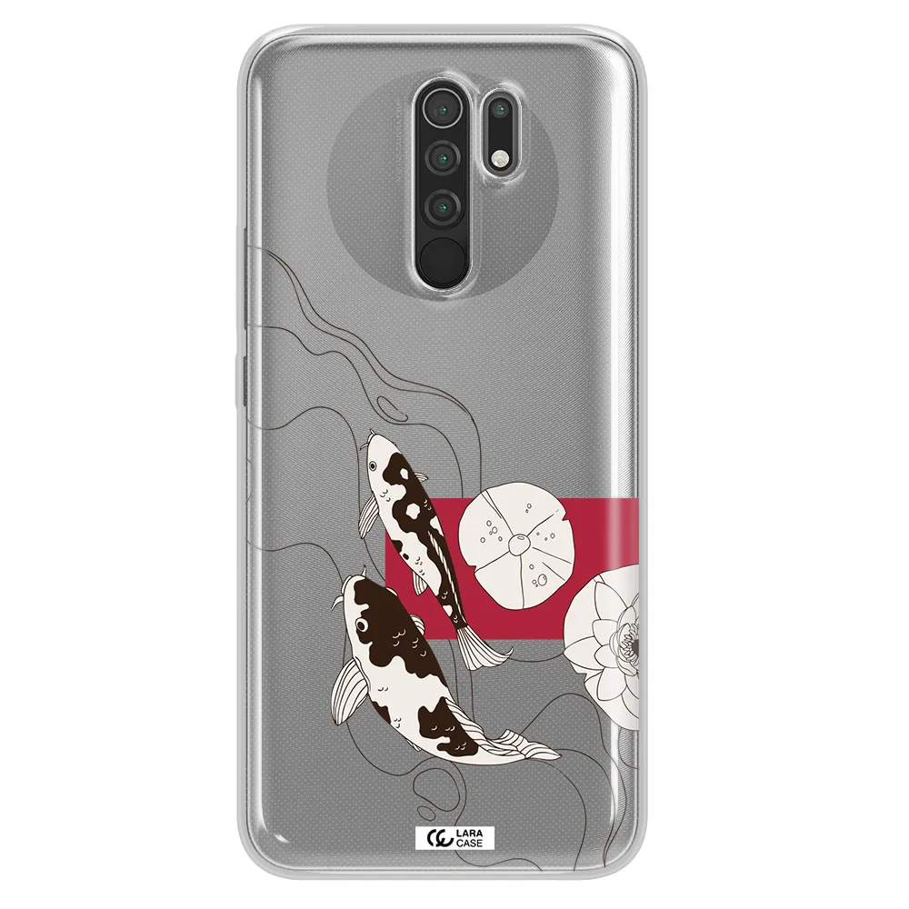 a black and white illustration of fish and flowers Xiaomi Redmi 9 Clear TPU Case