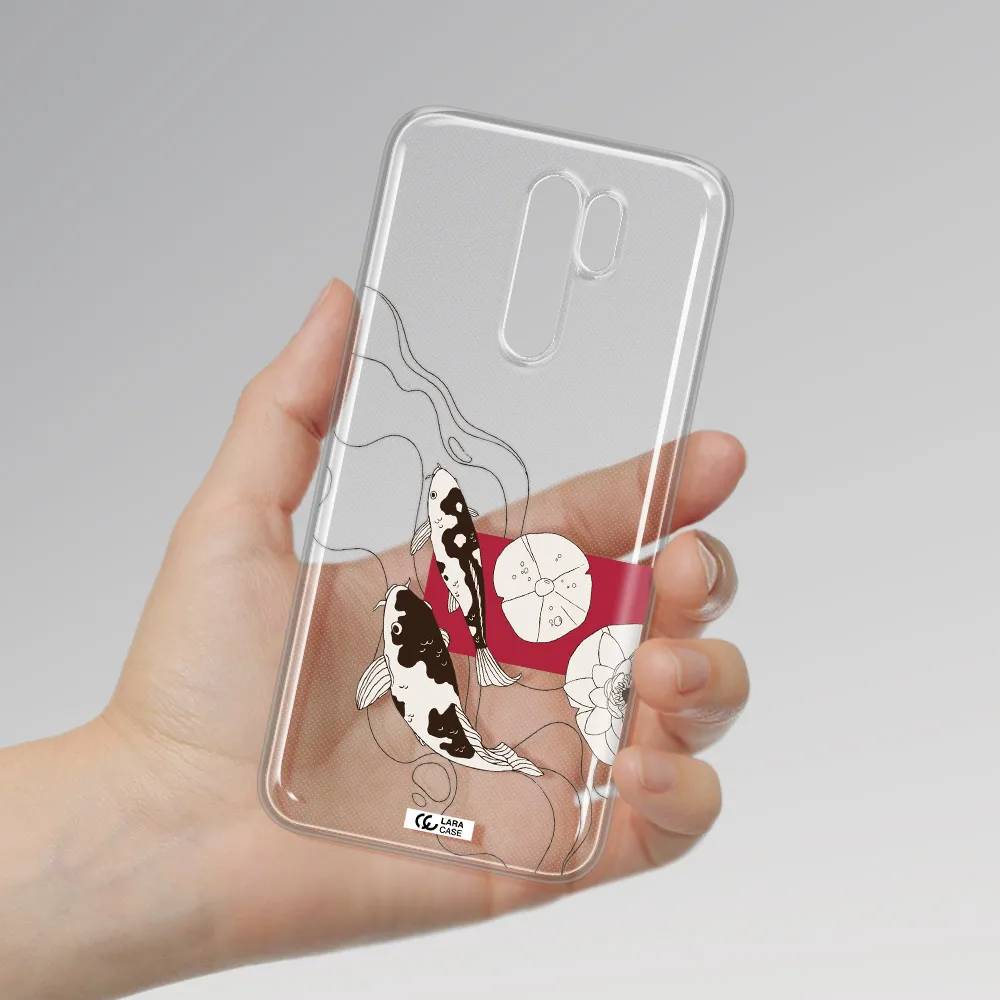a black and white illustration of fish and flowers Xiaomi Redmi 9 Clear TPU Case