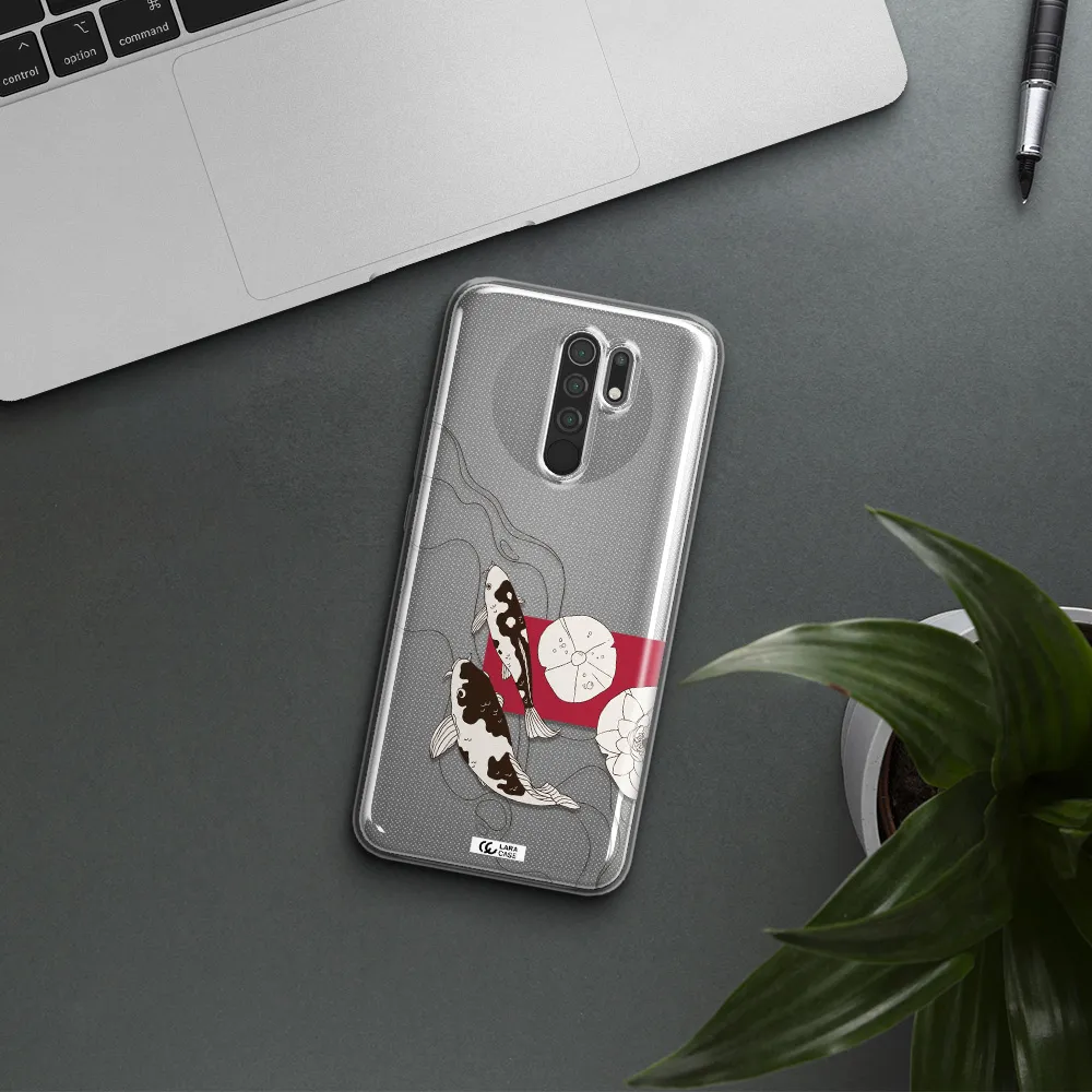 a black and white illustration of fish and flowers Xiaomi Redmi 9 Clear TPU Case